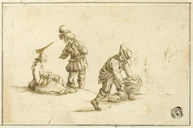 Resting Mother and Child, and Two Men, One Lifting Basket