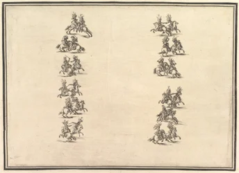 Twenty-four riders dueling and forming two columns, from La Gara delle Stagioni