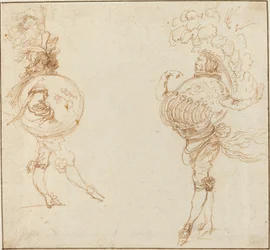 Two Men in Masquerade Costumes: The Earth and a Parade Helmet, c. 1645