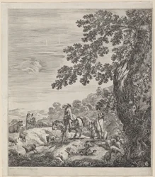 Two Riders Passing Near a Herd of Animals