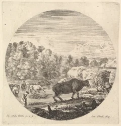 Two Cows in Center, Followed by Two Peasant Women and Other Cows in the River
