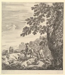 Two horsemen pass a flock, riding towards the left, a peasant woman and a young boy
