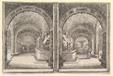 Two Views of a Grotto, Both Views with a Fountain with a Seated Statue
