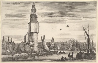 View of Amsterdam, a Tower and Houses to Left, Men Standing on the Pier