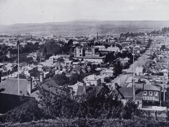 Launceston: View from Upper Brisbane Street, overlooking Brisbane and Paterson Streets, State High School in centre