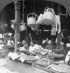 Shops in a Native Market, Rangoon, Burma
