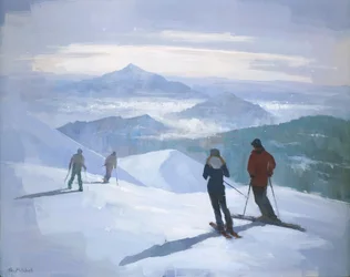 Skiers on Snowy Peaks
