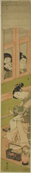 Courtesan Writing a Letter as Two Men Watch through a Window Lattice