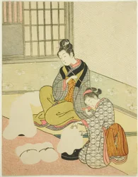 Evening Snow on a Floss Shaper (Nurioke no bosetsu), from the series "Eight Views of the Parlor (Zashiki hakkei)"