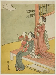 Two Women and a Child Viewing the Full Moon
