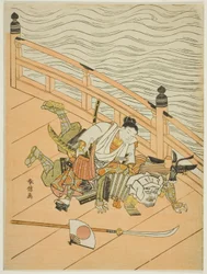 Ushiwakamaru and Benkei Fighting on Gojo Bridge