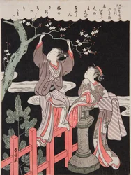Spring (February). A young man breaks a branch from a blossoming plum tree for his beloved, from the series: Elegant Poems of the Four Seasons / Fūryū shiki kasen