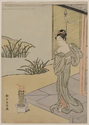 Young Woman Looking at a Pot of Pinks