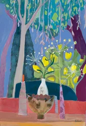 Still Life with Bowl and Three Vases with a Backdrop of Trees