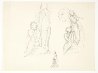 Study Sheet with Three Drafts for a Group with Standing and Sitting Woman