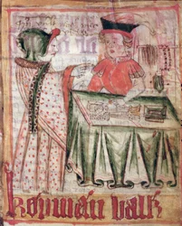 Interior of a shop, from the National Law Codes of Magnus Eriksson (1319-64), c.1450