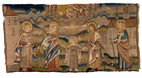 Tapestry panel depicting St Barbara, the Virgin Mary, the Holy Trinity, St Joseph and St Catherine, or Incarnation with Saints Barbara and Catherine