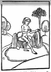 The legend of Saint Brendan, hero and Irish saint of the 6th century. Meeting with a holy hermit living on a rock in the open sea. Engraving of 