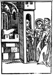 The legend of Saint Brendan (Brandan), hero and Irish saint of the 6th century. One of the monks steals a chalice. Engraving of 