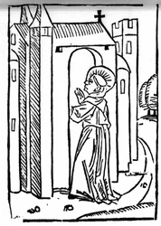 The legend of Saint Brendan (Brandan), hero and Irish saint of the 6th century. The return of the saint to his monastery. Engraving of 