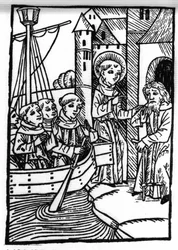 The legend of Saint Brendan (Brandan), hero and Irish saint of the 6th century. The saint meets the former Haylbray and understands that he has returned to Scotland. Engraving of 