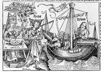 Ulysses and his companions transformed into pigs by the magician Circe - in Cosmographia by Sebastian Munster, Basel 1558