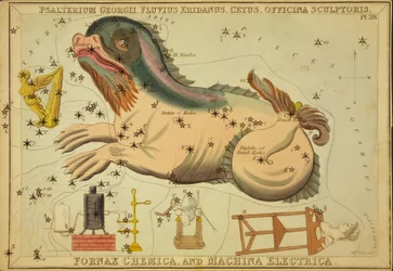 Psalterium Georgii, Fluvius Eridanus, Cetus, Officina Sculptoris, Fornax Chemica, and Machina Electrica, Illustration from 