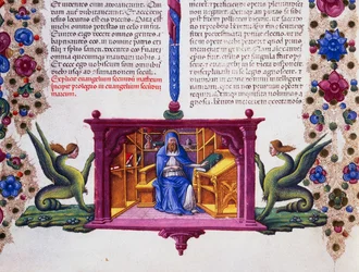 Border frieze at foot of page with St Matthew the Evangelist, Volume II f 148, v, Bible of Borso d