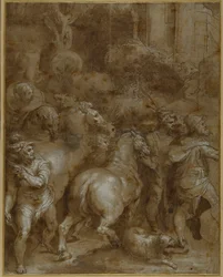 Horses and men, facing right