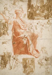 Sheet of Studies for the Blinding of Elymas, Sacrifice at Lystra, and a Holy Family