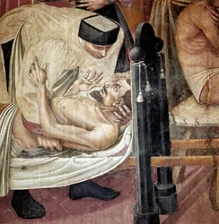Care of the sick in a hospital, a nurse assists an injured lying on a stretcher (Detail)