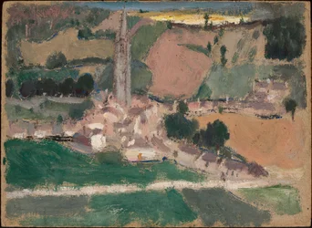 View of a Small Town with a Church Tower