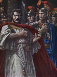 Roman Antiquity: The death of the Roman Emperor Caracalla, assassinated near Harran on April 8, 217, with a sword, by Martialis, one of the officers of his close guard (Illustration by Tancredi Scarpelli)