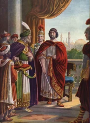 Roman Antiquity: Emperor Julian the Apostate (Julian the Philosopher or Julian II) victorious by the Persian King Shapur II in 363 AD (Illustration by Tancredi Scarpelli)