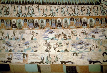 Buddha and scenes of everyday life, fresco dating back to the Tang Dynasty, China, 7th-10th century