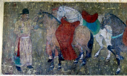 Chinese Art: Two Palefreniers Driving Four Horses in an Imperiale Stable (detail)