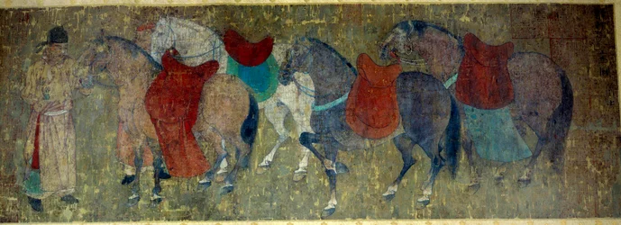 Chinese Art: two palefreniers driving four horses in an imperial stable. Fragment of a silk paint roll attributed to Han Kan, painter of the court of Emperor Hiuan Tsong. Tang period. Paris, Musee Cernuschi