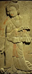 Terracotta stele with musician, Tang Dynasty (618-907), discovered in Shaanxi Province, Steles Forest Museum in Xian (Photography, Leonard de Selva, China, 2006)