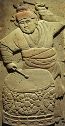 Terracotta stele with musician, Tang Dynasty (618-907), discovered in Shaanxi Province, Steles Forest Museum in Xian. Photography, Leonard de Selva, China, 2006