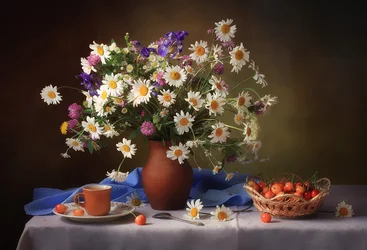 Daisies and Cherries Still Life