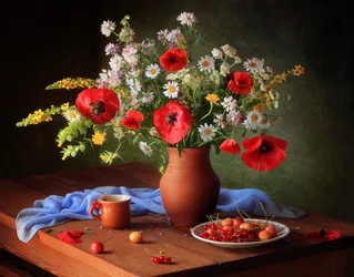 Fresh Poppies and Cherries