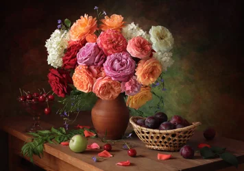 Vibrant Roses and Fresh Fruit