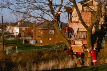 Children in an elaborate treehouse, Kansas City