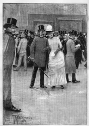 Visitors to the exhibition of drawings of the Ecole Moderne at the Ecole des Beaux Arts in Paris (engraving by Mr. Axentowicz in Le Monde Illustré)