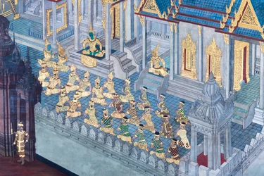 Mural depicting scenes from the Ramayana at Wat Phra Kaeo, the Royal Grand Palace, Bangkok, Thailand