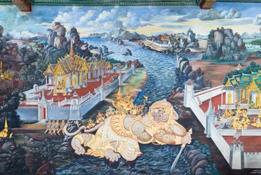 Mural Depicting Scenes from the Ramayana at Wat Phra Kaeo, the Royal Grand Palace, Bangkok, Thailand
