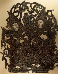Scene from Nang Yai shadow puppet theatre representing Dasakantha and his wives, carved leather panel, Thailand, Thai Civilization