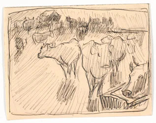 Cows at a Water Trough, the Motif Seen Against the Sun