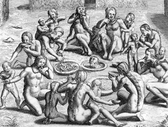 A Broth is Made From the Intestines: cannibalism by Indians in New World (Amazonia), engraving by Theodore de Bry for book 