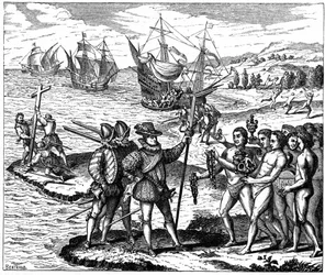 Christopher Columbus (1451-1506) Genoese explorer, discovering America - 12 May 1492. From engraving by Theodore de Bry 1590.